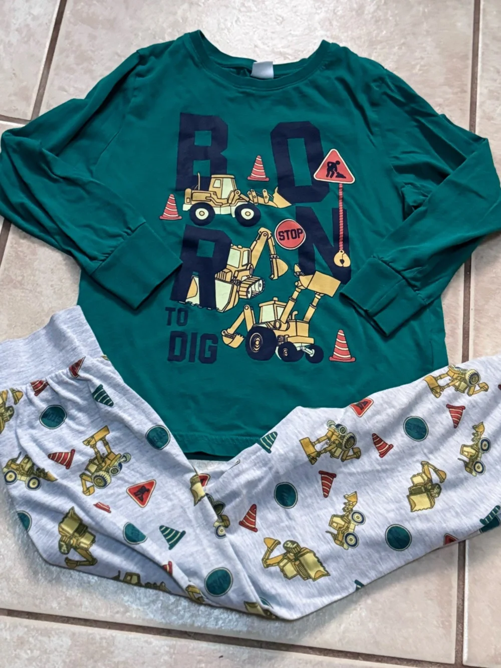 Boys Green Born To Dig Construction Vehicle Pajama Set